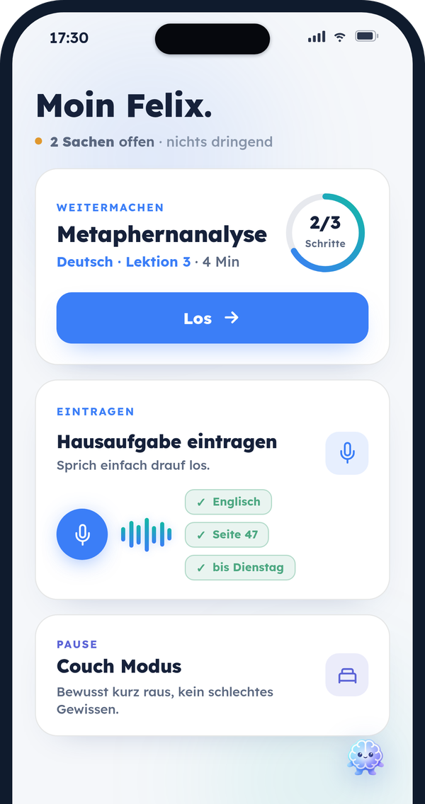 Claromind Home-Screen: Moin Felix, zwei Sachen offen, nichts dringend