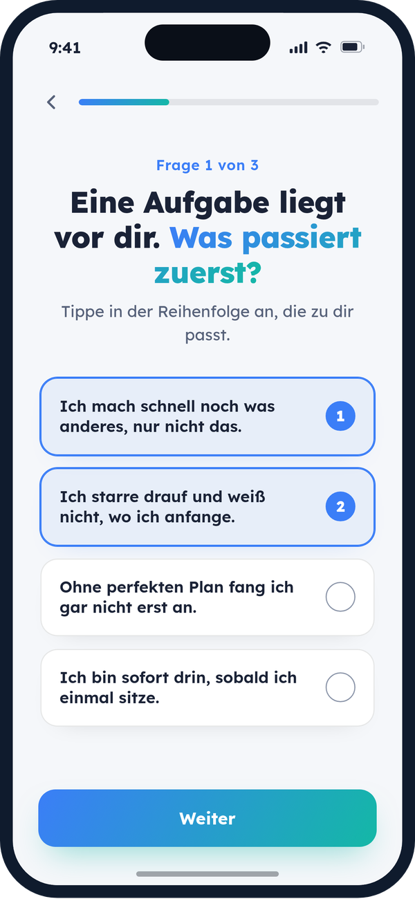 App-Screen: Eine Aufgabe liegt vor dir. Was passiert zuerst?